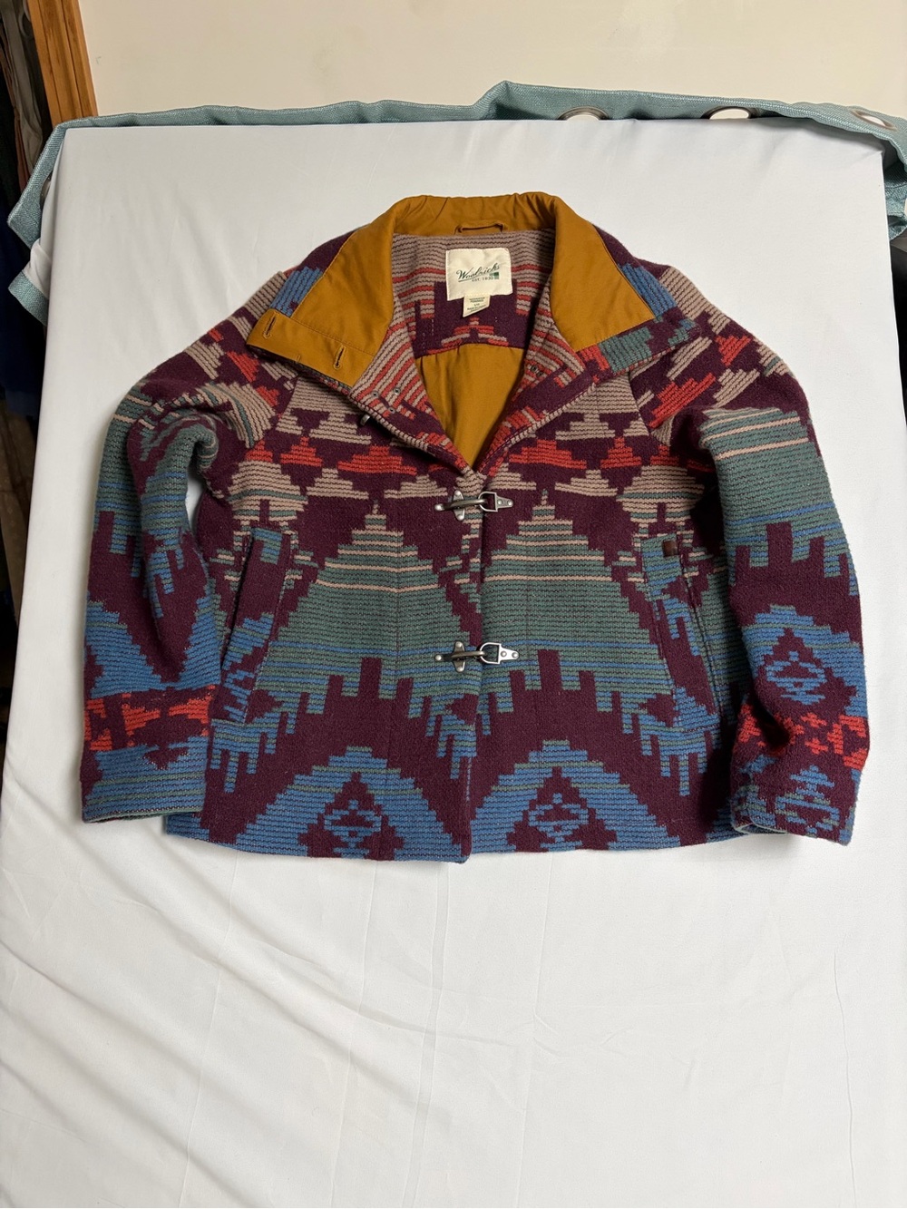 Woolrich Geometric Toggle Teddy Jacket in Plum, Teal & Mustard
